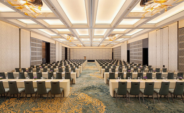 Luxurious ballroom in Semarang with chandeliers for wedding and event venue at a 5-star hotel